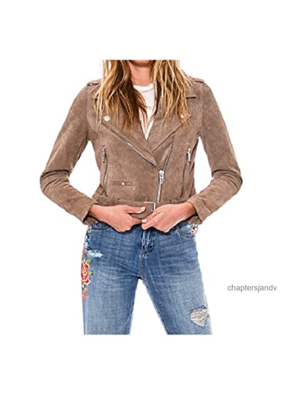 Suede Moto Jacket Asymmetrical Zip Pockets Long Sleeve Aviator Coat